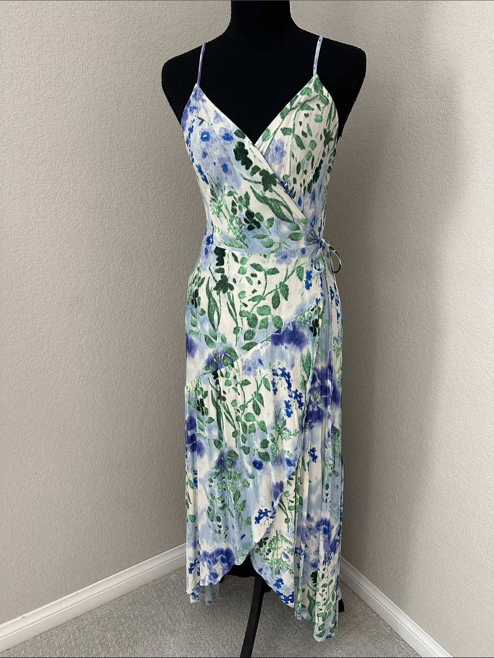 lovestitch Blue, Green & White Floral Wrap Midi Dress